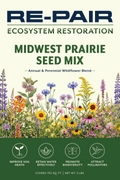 Front of the RE-PAIR Midwest Prairie Seed Mix seed packet, illustrated with native Midwest wildflowers including coneflower, coreopsis, and larkspur, labeled "Annual & Perennial Wildflower Blend"