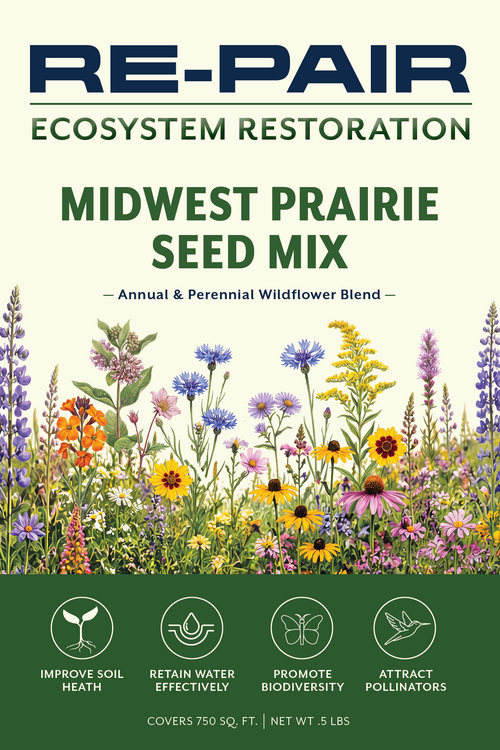 Front of the RE-PAIR Midwest Prairie Seed Mix seed packet, illustrated with native Midwest wildflowers including coneflower, coreopsis, and larkspur, labeled "Annual & Perennial Wildflower Blend"