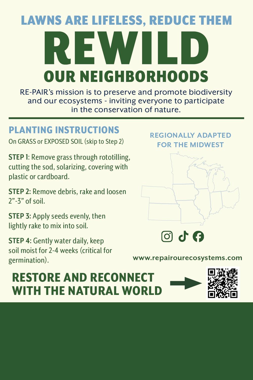 Back of the RE-PAIR Midwest Prairie Seed Mix seed packet showing the "Rewild Our Neighborhoods" mission statement, four-step planting instructions, and a map highlighting the Midwest region