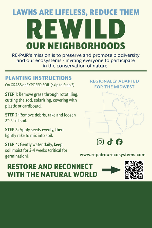 Back of the RE-PAIR Midwest Prairie Seed Mix seed packet showing the "Rewild Our Neighborhoods" mission statement, four-step planting instructions, and a map highlighting the Midwest region