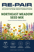 Front of the RE-PAIR Northeast Meadow Seed Mix seed packet, illustrated with native Northeast wildflowers including coneflower, coreopsis, and cornflower, labeled "Annual & Perennial Wildflower Blend"