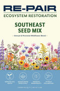 Front of the RE-PAIR Southeast Seed Mix seed packet, illustrated with native Southeast wildflowers including coneflower, coreopsis, and poppy, labeled "Annual & Perennial Wildflower Blend"