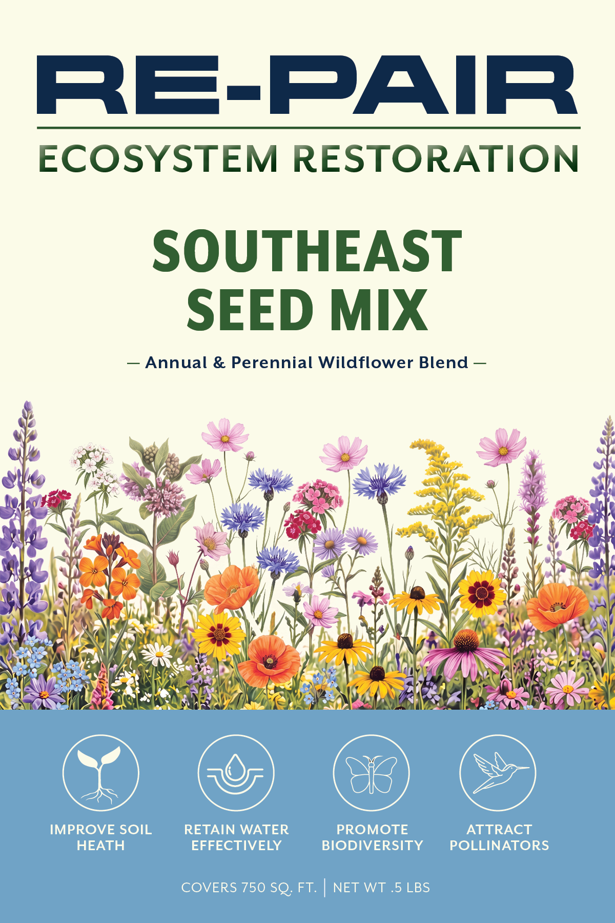 Front of the RE-PAIR Southeast Seed Mix seed packet, illustrated with native Southeast wildflowers including coneflower, coreopsis, and poppy, labeled "Annual & Perennial Wildflower Blend"