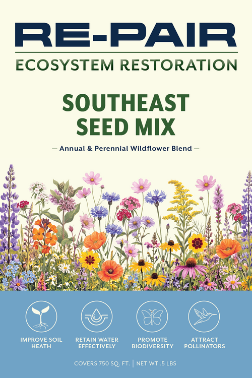 Front of the RE-PAIR Southeast Seed Mix seed packet, illustrated with native Southeast wildflowers including coneflower, coreopsis, and poppy, labeled "Annual & Perennial Wildflower Blend"