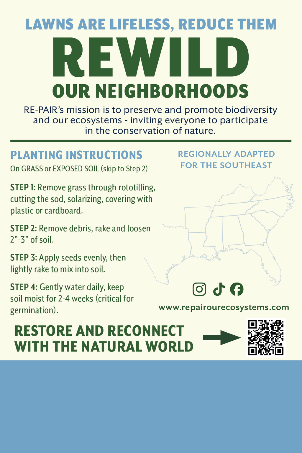 Back of the RE-PAIR Southeast Seed Mix seed packet showing the "Rewild Our Neighborhoods" mission statement, four-step planting instructions, and a map highlighting the Southeast region