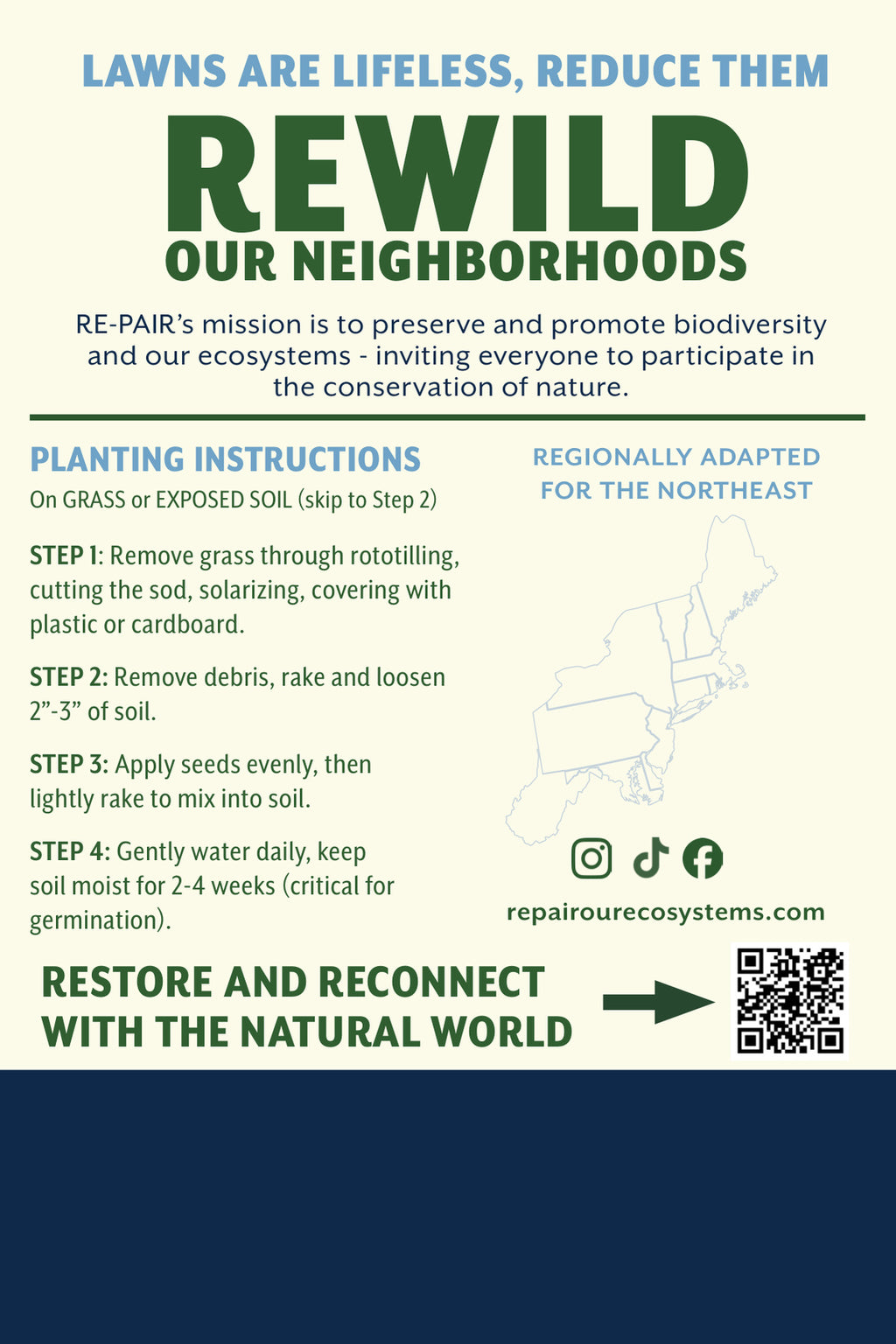 Back of the RE-PAIR Northeast Seed Blend packet — headline "Lawns are lifeless, reduce them. Rewild our neighborhoods", the RE-PAIR mission statement, four planting steps, a map of the Northeast region marked "Regionally adapted for the Northeast", social icons, repairourecosystems.com and a QR code.