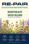 Front of the RE-PAIR Northeast Seed Blend packet — navy RE-PAIR logo above "Ecosystem Restoration", the title Northeast Seed Blend, and an illustrated meadow of calendula, coreopsis, goldenrod, delphinium, coneflower and lupine. A navy band lists four benefits: improve soil health, retain water effectively, promote biodiversity, attract pollinators. Covers 750 sq. ft., net wt .5 lbs.