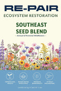 Front of the RE-PAIR Southeast Seed Blend packet — navy RE-PAIR logo above "Ecosystem Restoration", the title Southeast Seed Blend, and an illustrated meadow of cosmos, poppy, cornflower, sweet william, goldenrod, coneflower and lupine. A light blue band lists four benefits: improve soil health, retain water effectively, promote biodiversity, attract pollinators. Covers 750 sq. ft., net wt .5 lbs.